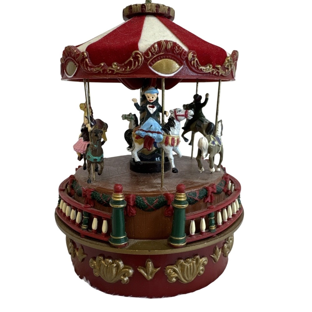 Vintage Musical Carousel Rotating Horsesโ Red & White Holiday Decoration